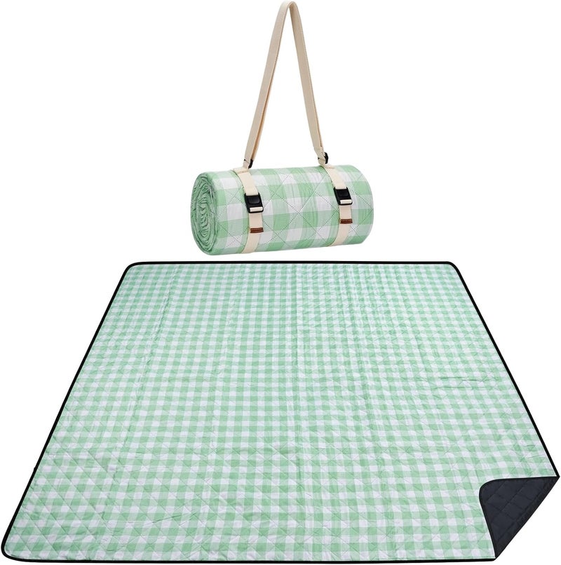 WILLOW WEAVE Picnic Blanket, 80''x80'' Waterproof Outdoor Blankets, Picnic Mat Washable for Beach, Picnic Blankets for Camping on Grass with Shoulder Strap - Green & White - Image 1